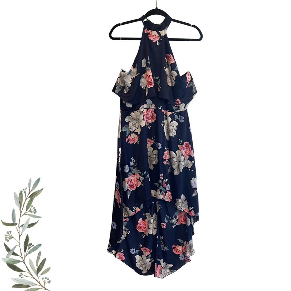 Charlotte Russe Navy Floral High Low Halter Dress Size Large